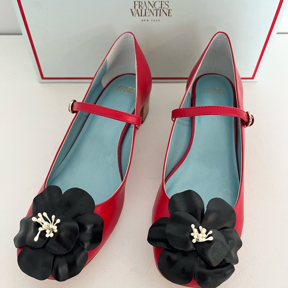 Frances Valentine Babe Red Nappa Leather Mary Jane Shoes with Black Flower